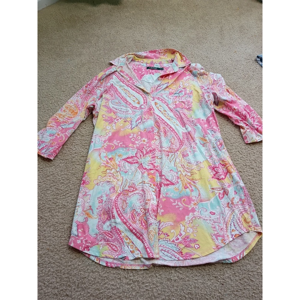 Lauren Ralph Lauren Paisley Button Down Gown/ Sleep Shirt Women's XL Pink LRL...